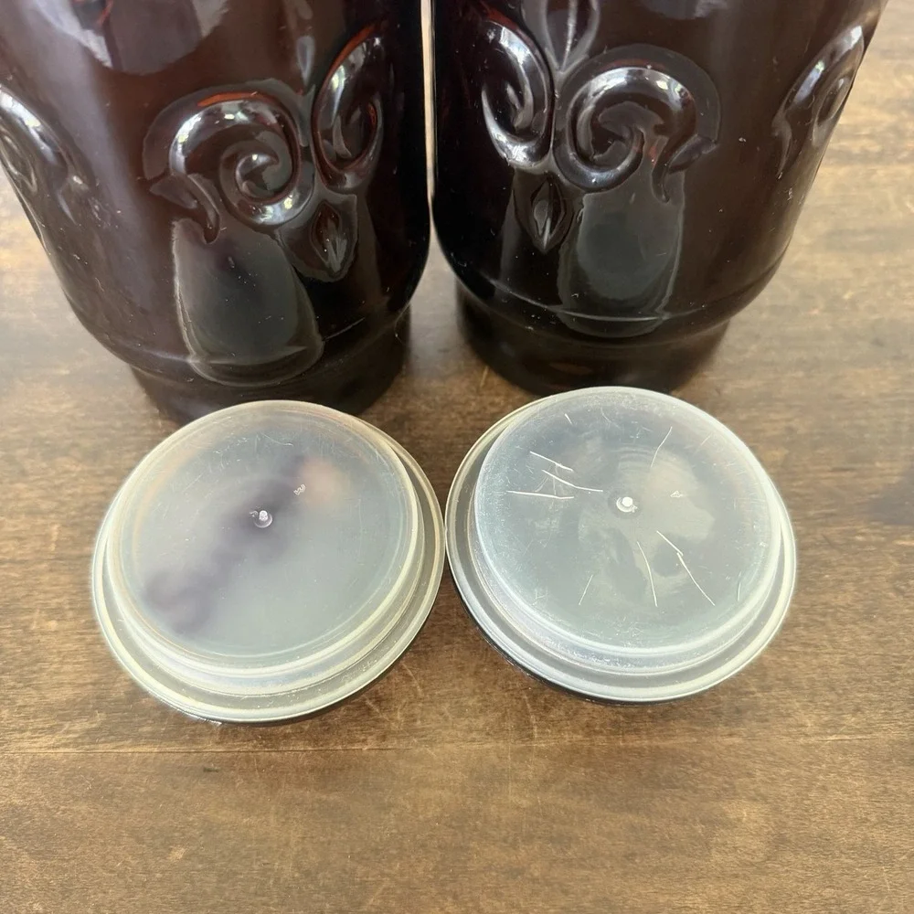 2 Vintage 1970's Borden Cremora Amber Glass Canister Apothecary Jar Fleur De Lis